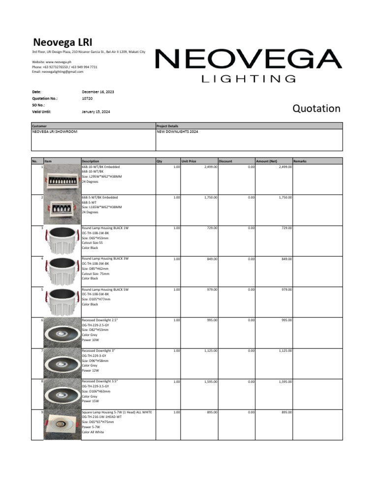Neovega LRI Downlight Quotation 2024 | PDF | Business | Payments