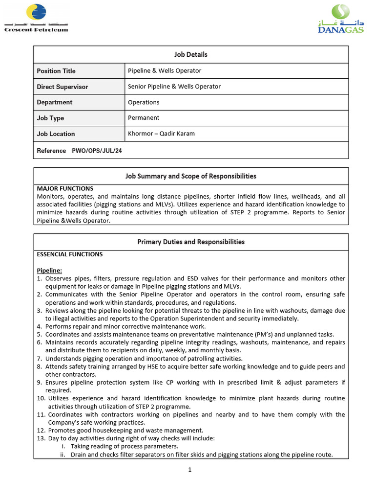Pipeline Wells Operator | PDF