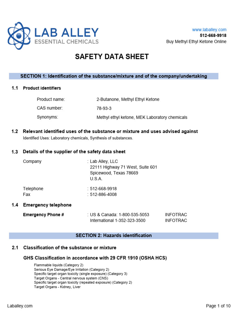 MEK Safety Data Sheet Overview | PDF | Carbon Dioxide | Dangerous Goods