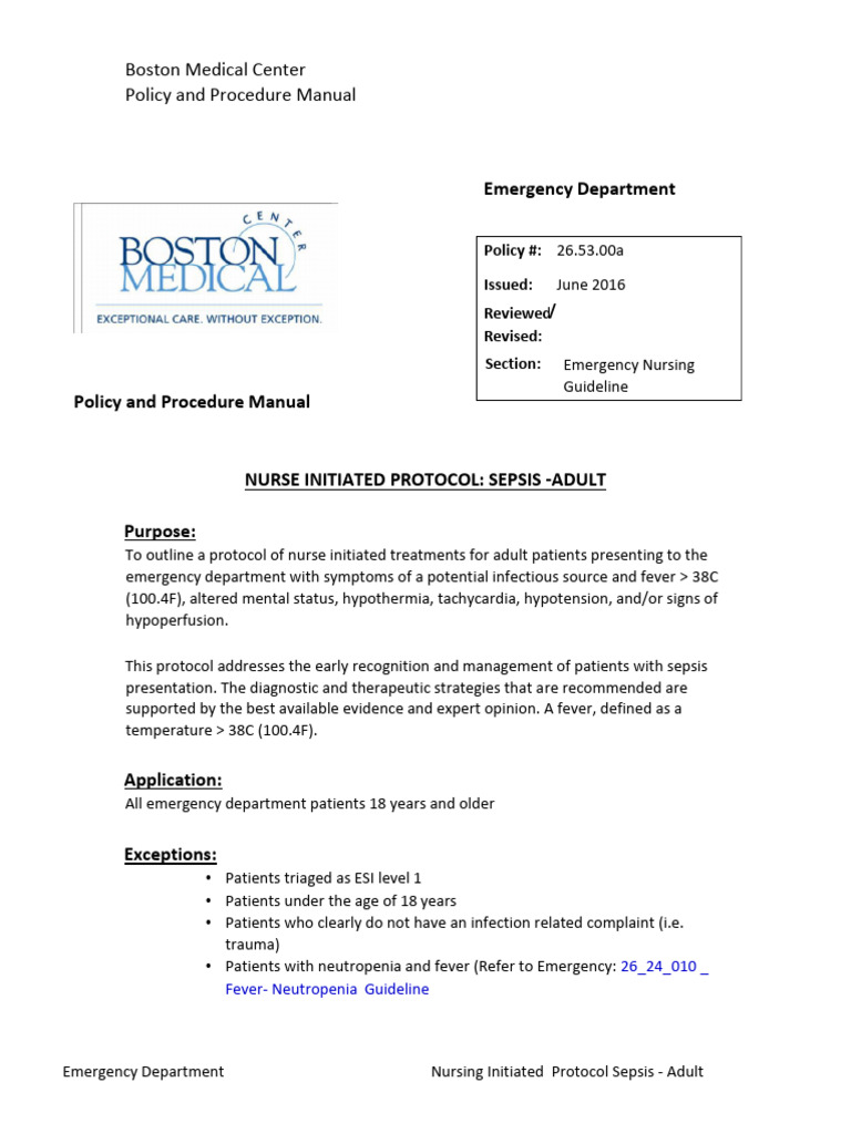 Nurse Initiated Sepsis Protocol - Adult | PDF | Sepsis | Emergency ...