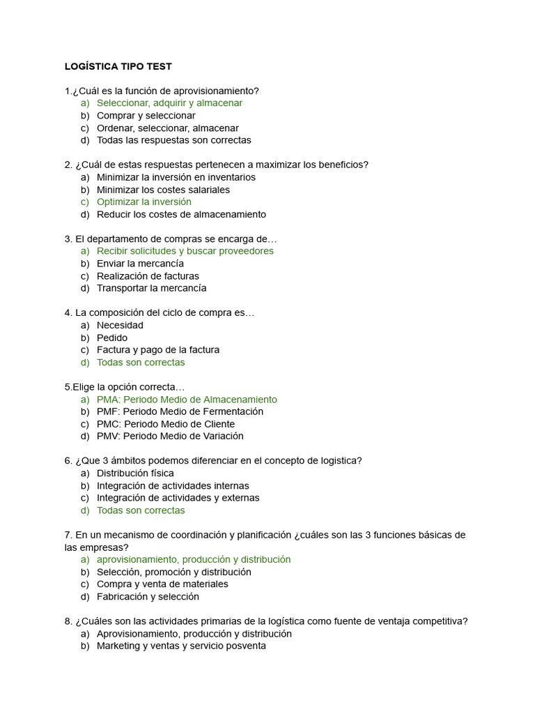 Logistica Tipo Test Examen | PDF | Logística | Obtención