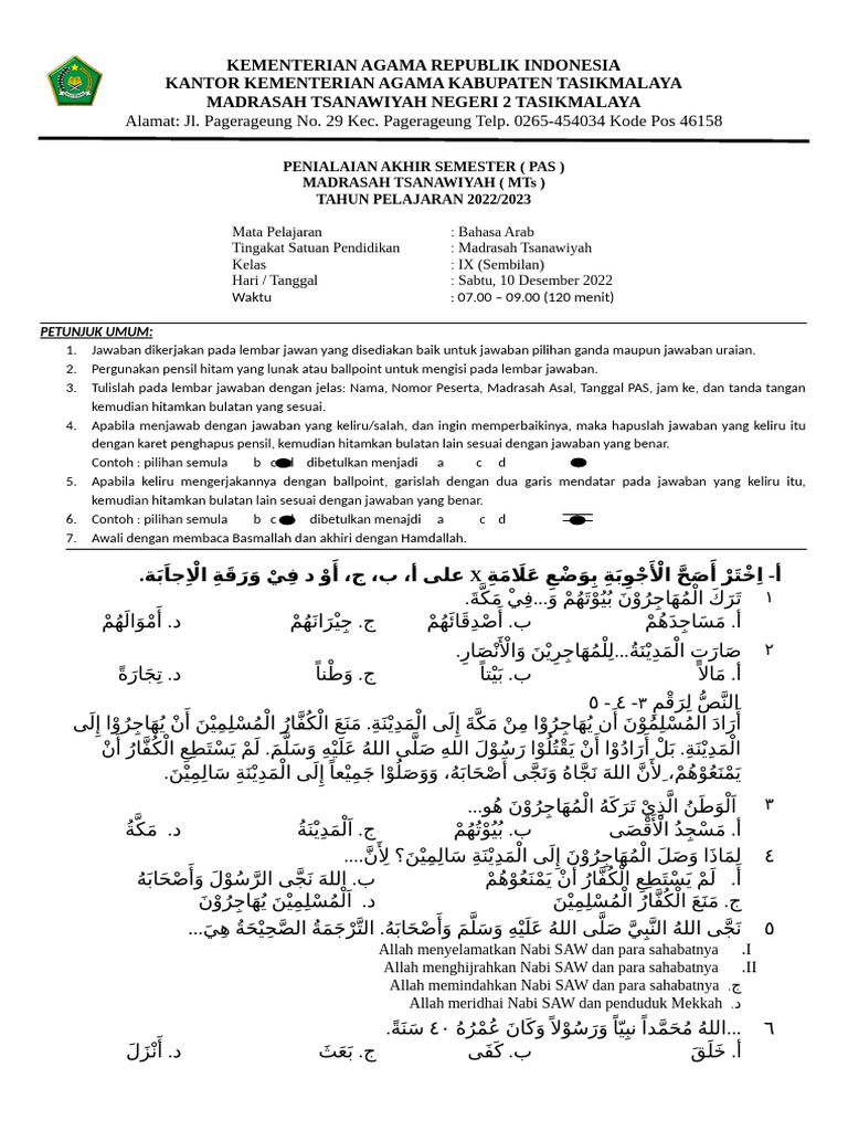 PAS Bahasa Arab Kelas IX MTs 2022/2023 | PDF