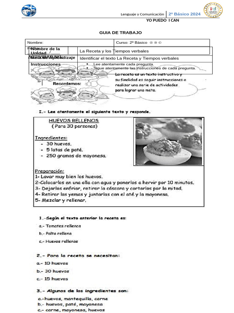 Recetas y Tiempos Verbales 2º Básico | PDF