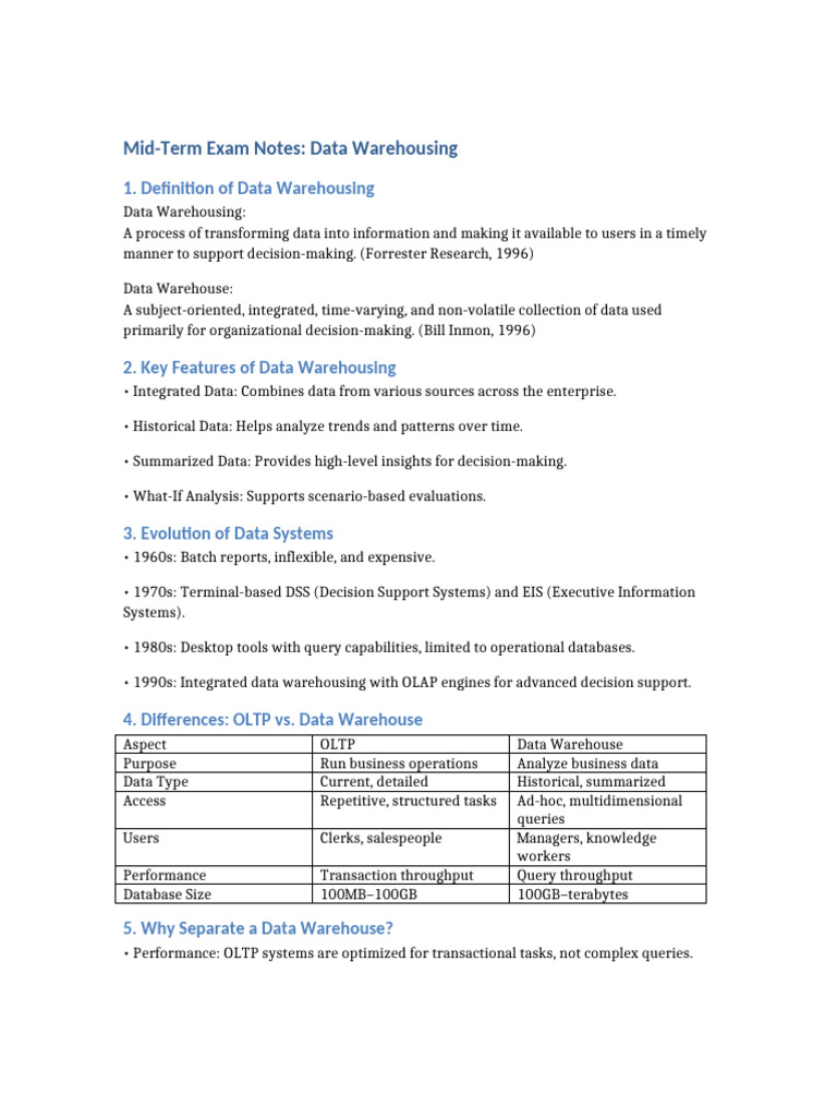 Data Warehousing Exam Notes Overview | PDF | Data Warehouse | Decision ...