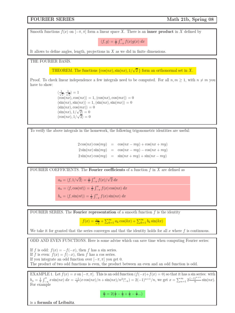 Fourier Series in Math 21b | PDF | Fourier Transform | Fourier Series