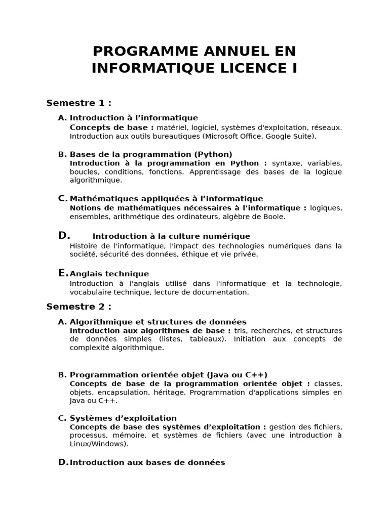 Programme Licence Informatique 1ere année | PDF | Informatique ...
