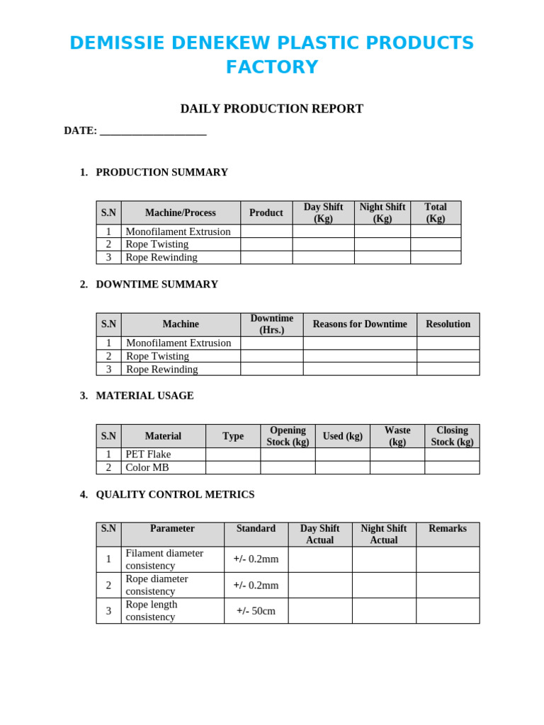 Daily Production Report Format | PDF | Extrusion