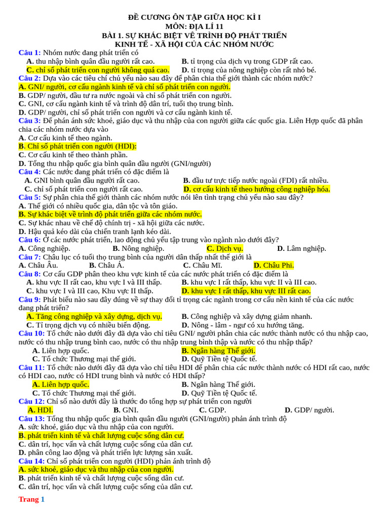 On Tap Giua Ky 1 Dia 11 HS | PDF