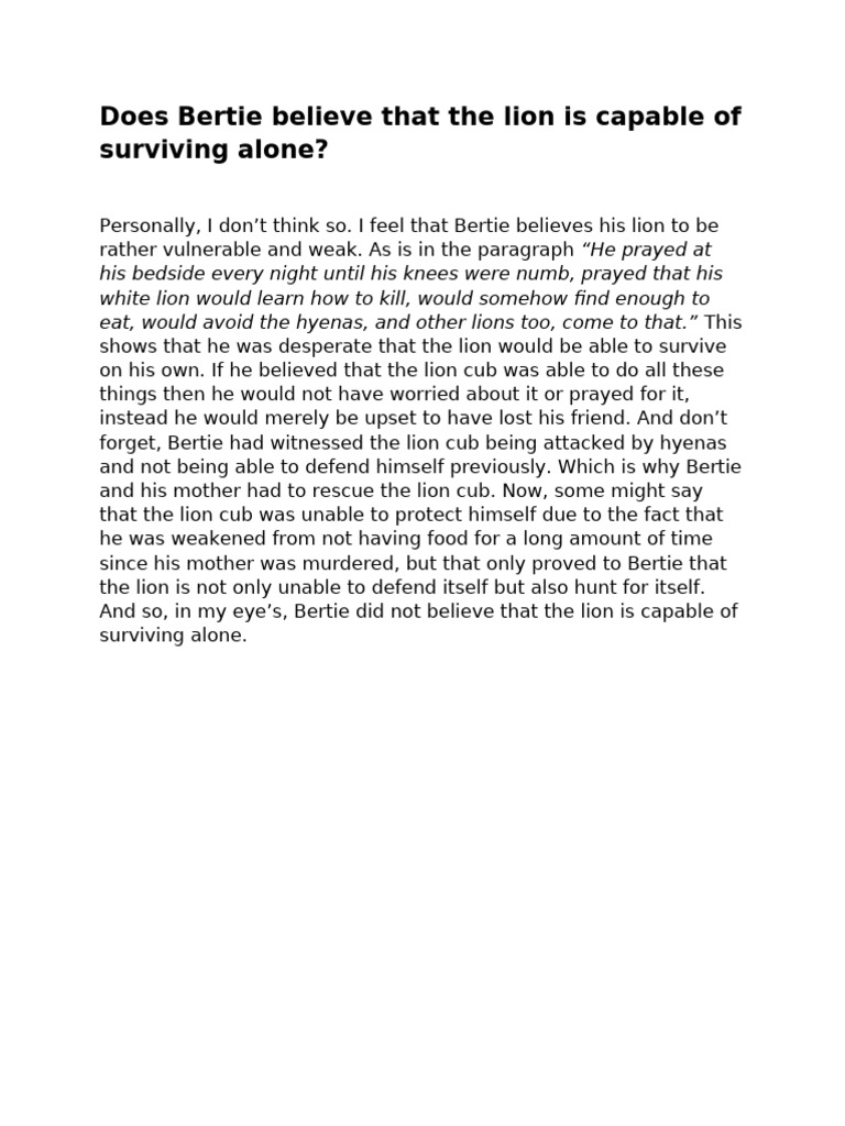 Bertie's Doubts on Lion's Survival | PDF