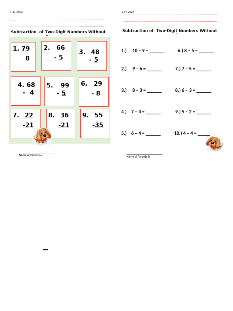 SUBTRACTION OF Two DIGIT With Pics | PDF
