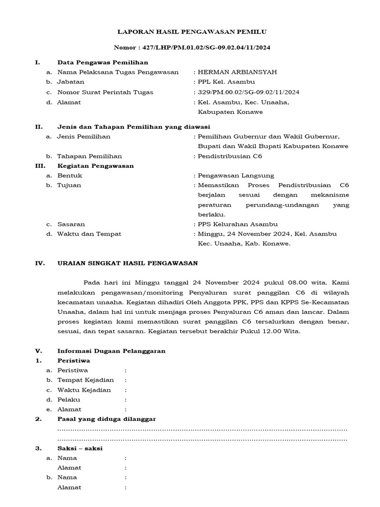 Form A Pengawasan C6 Kel. Asambu | PDF