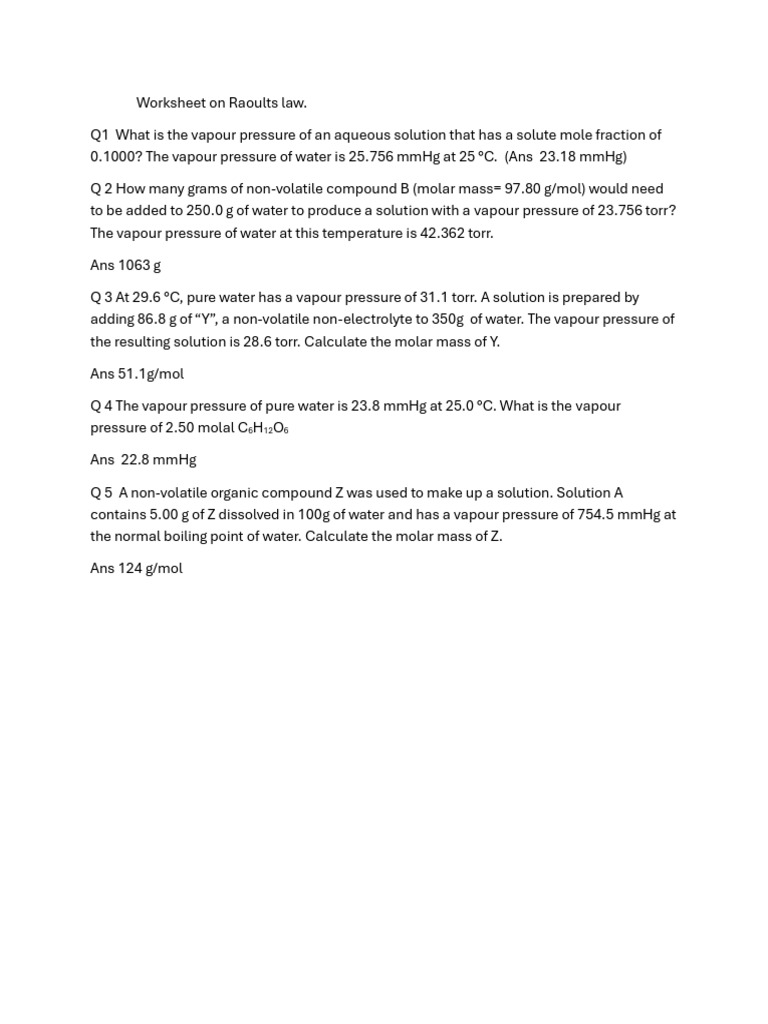 Worksheet on raoults law pdf