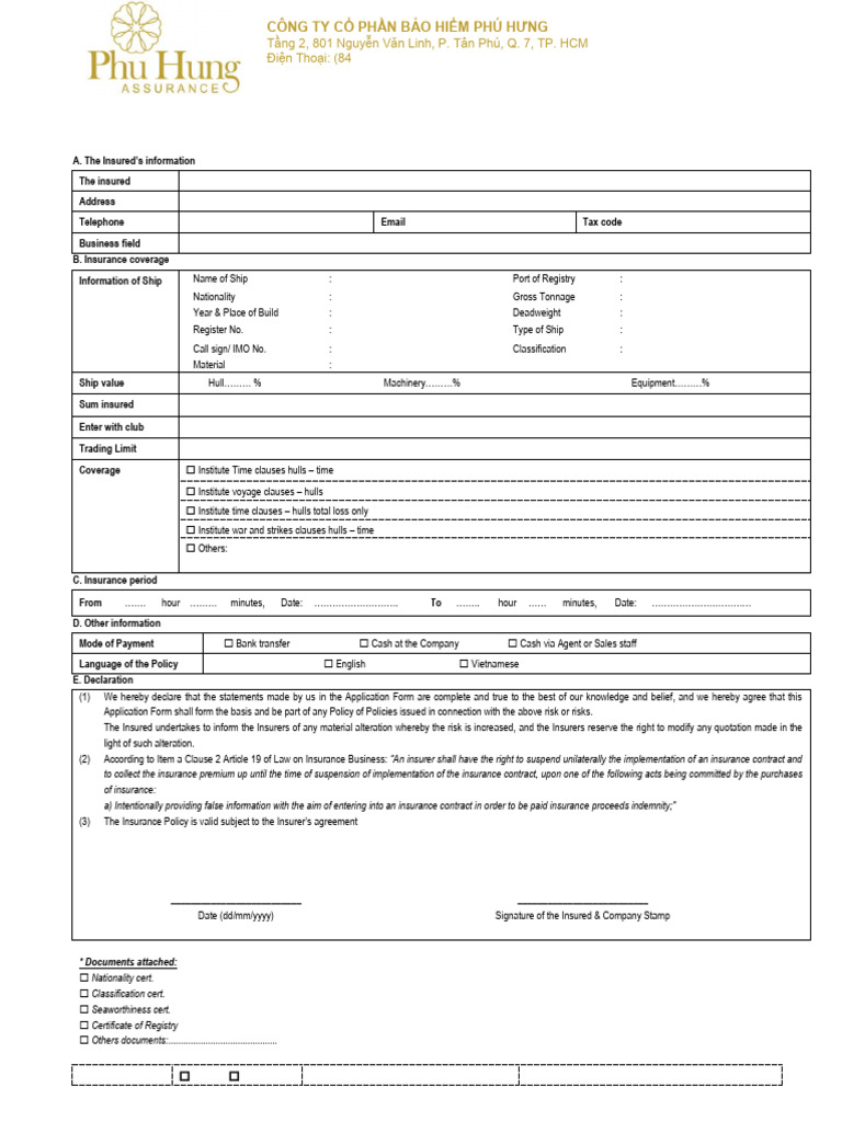 Marine Hull Insurance Application Form | PDF | Insurance | Insurance Policy