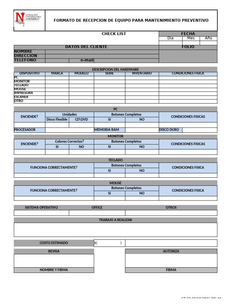 Formato de Recepción para Mantenimiento de Equipos | PDF | Hardware de ...