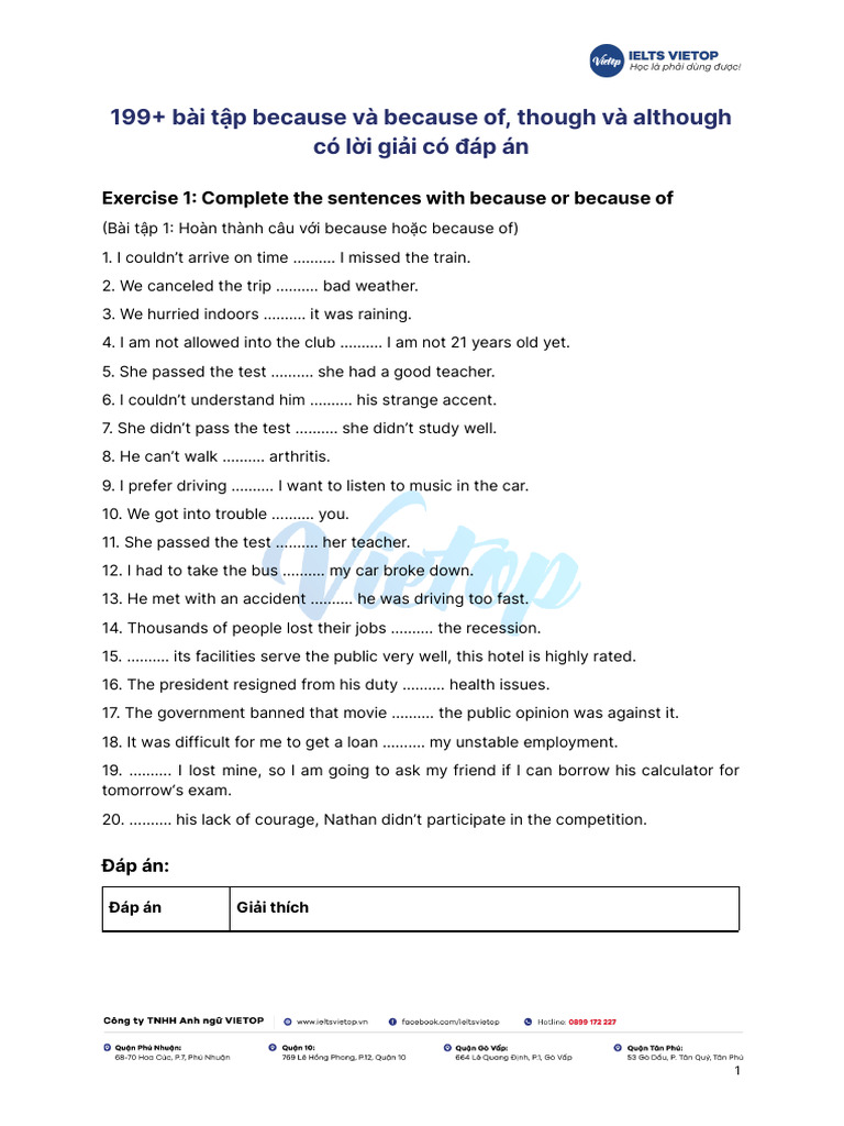 (PDF) Bài tập Because và Because of, Though và Although | PDF