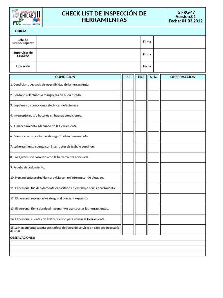 GI-RG.47 Check List de Herramientas | PDF