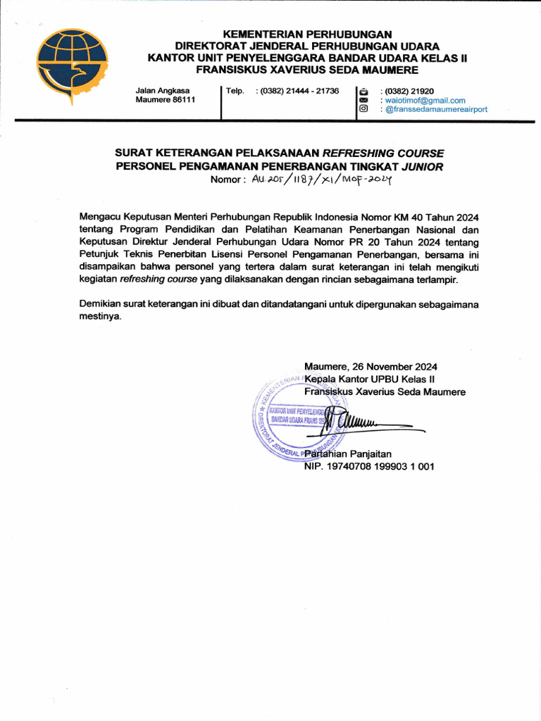 Surat Keterangan Refreshing Course Avsec | PDF