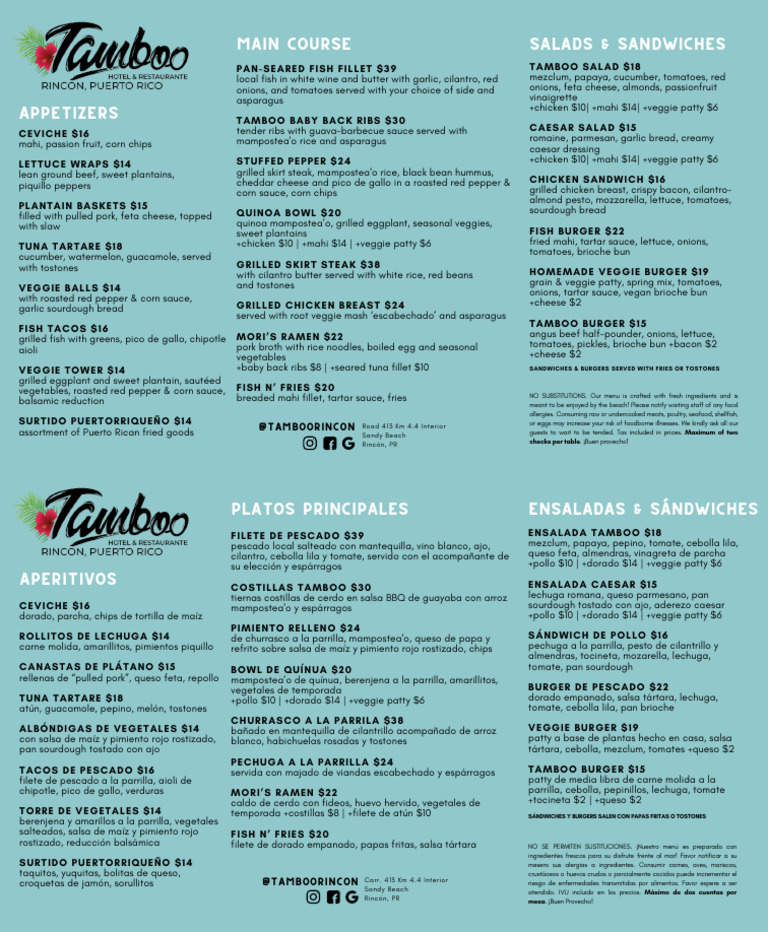 Tamboo Rincon Restaurant Food Menu 2024 | PDF | Vegetales | Carne