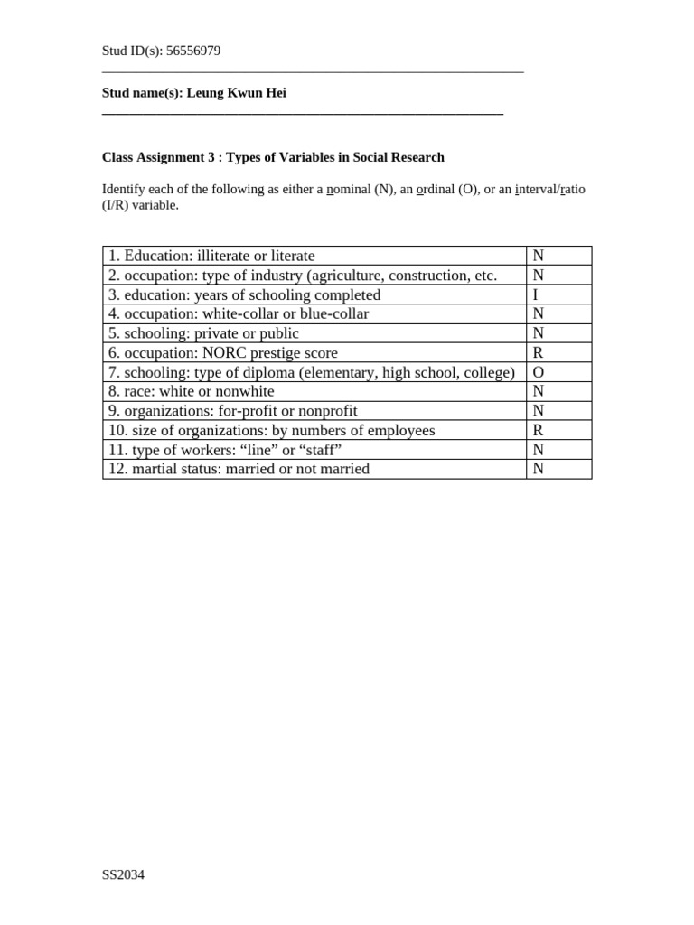Assignment+2 Level+of+Measurement Without+answers 2022 | PDF
