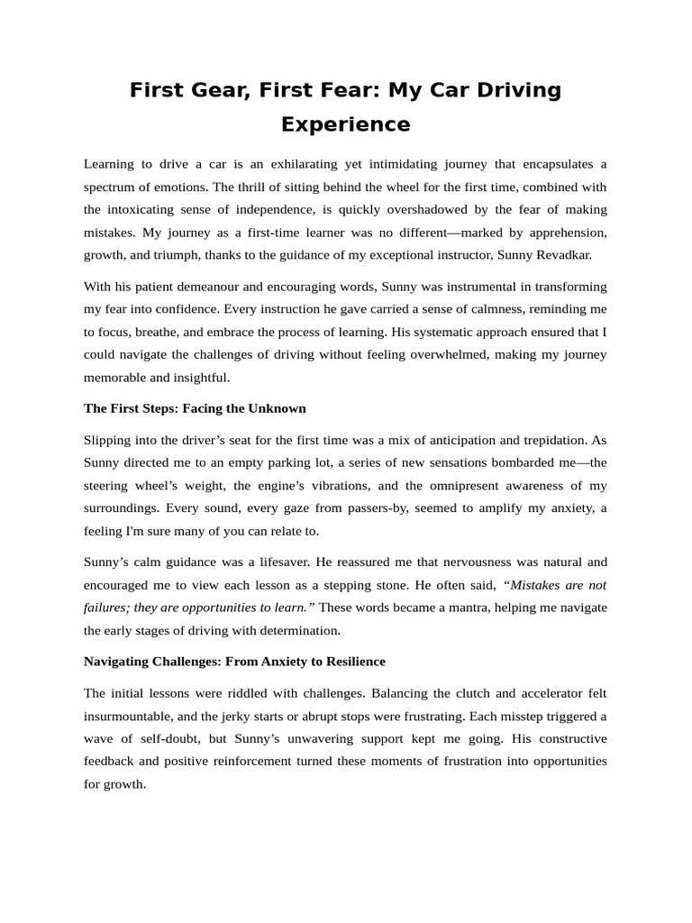 First Gear, First Fear: My Car Driving Experience | PDF | Fear ...