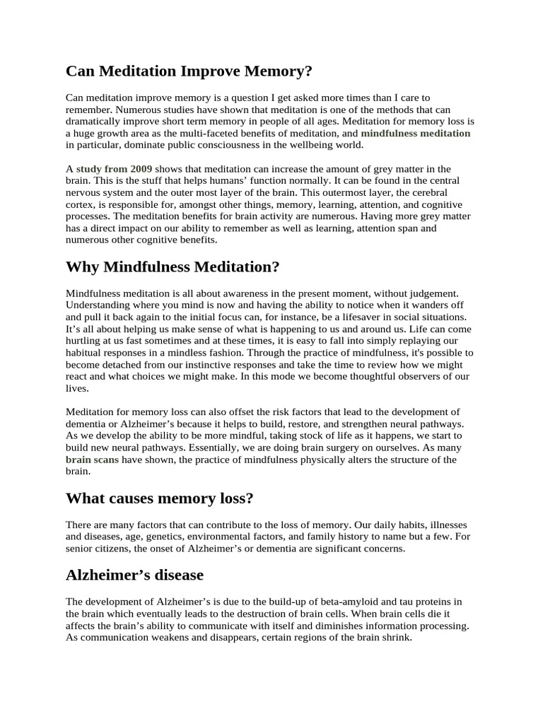 Meditation's Impact on Memory Improvement | PDF | Alzheimer's Disease ...