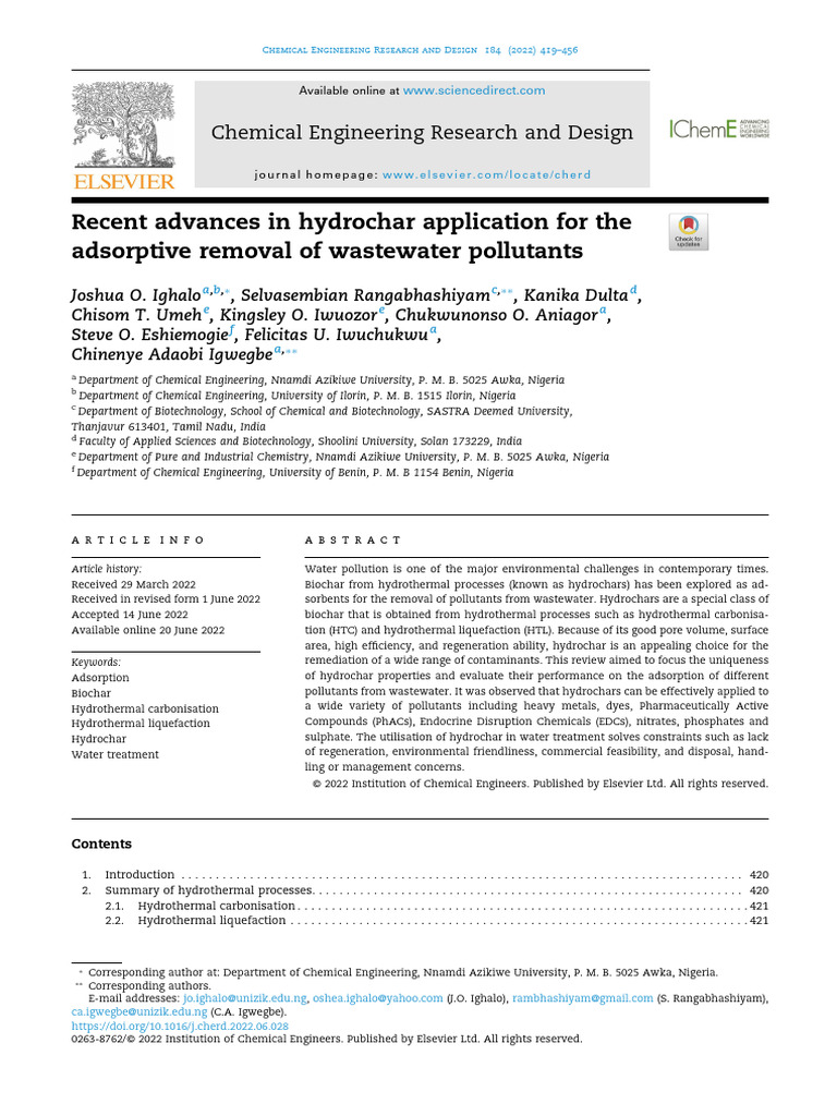 Hydrochar for Wastewater Pollutant Removal | PDF | Chemistry | Materials