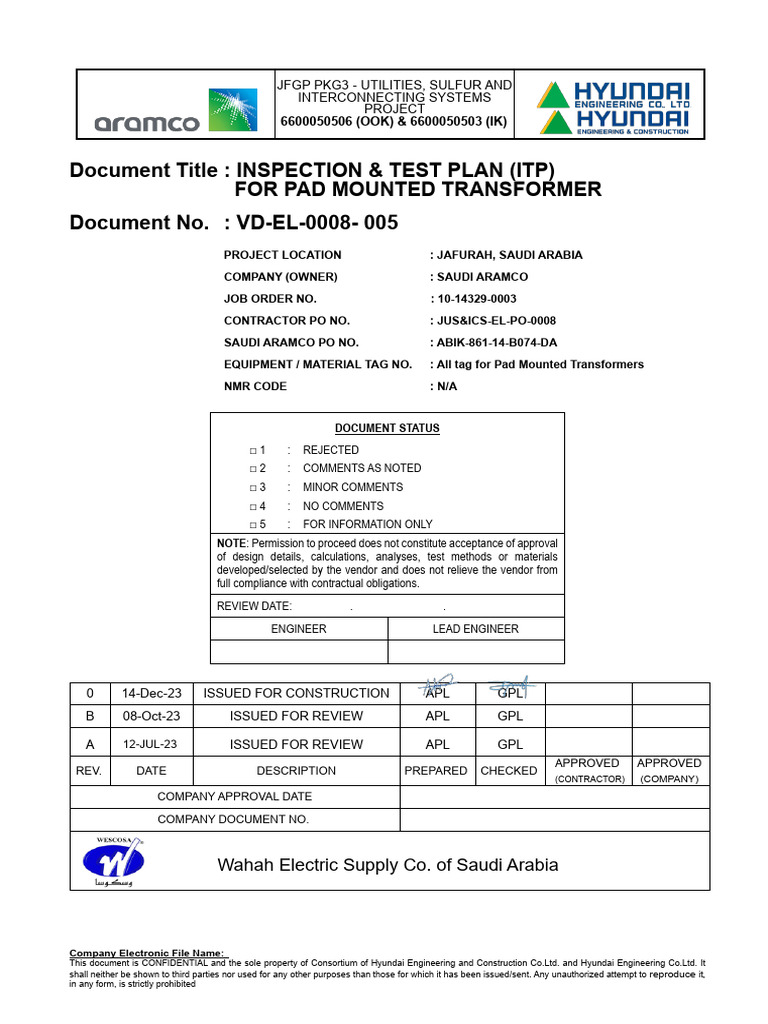 Vd-El-0008-005 - 0 - Inspection & Test Plan (Itp) For Pad Mounted ...