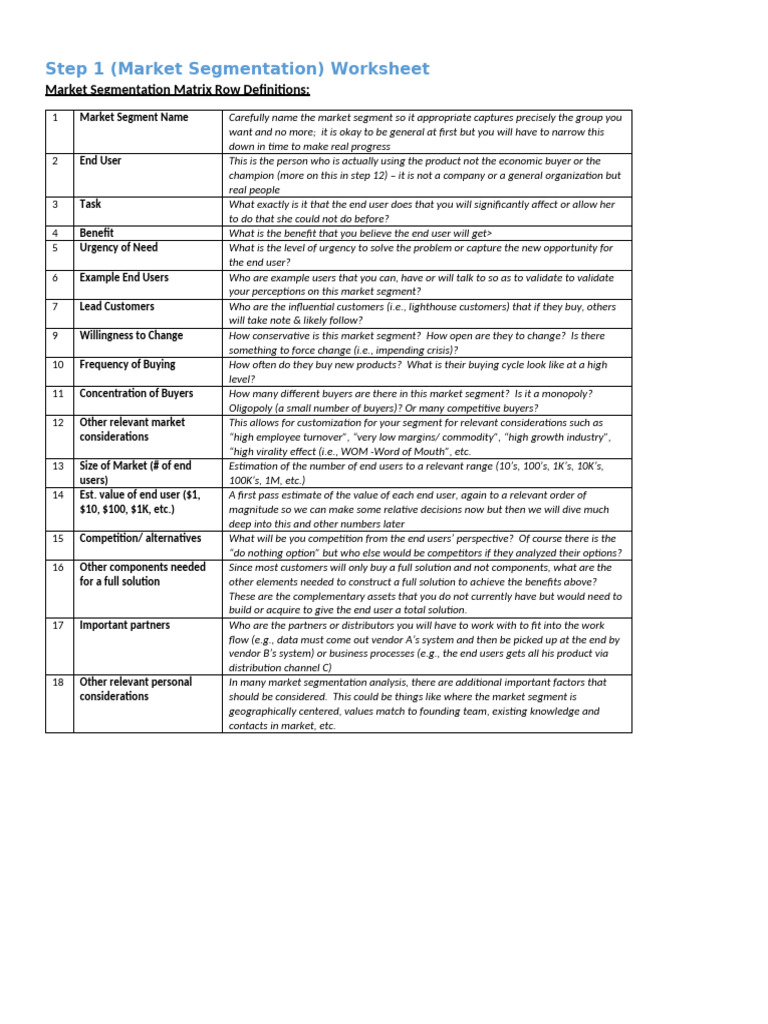 Market Segmentation Worksheet Guide | PDF | Market Segmentation ...