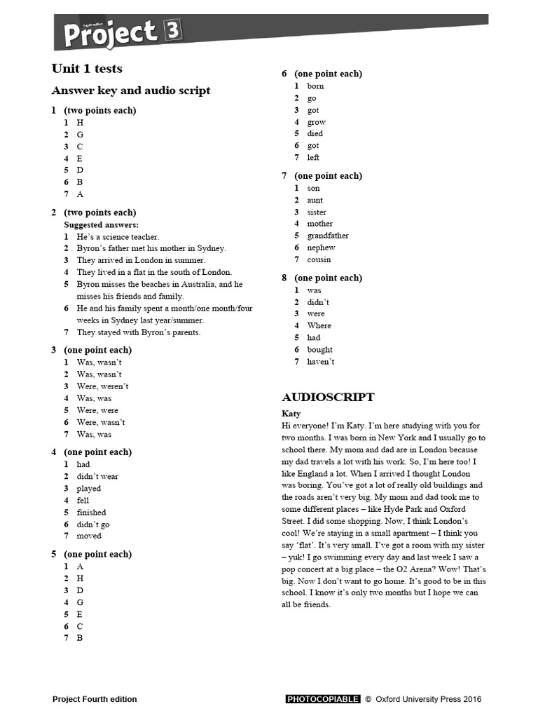 Unit 1 Test Answer Key & Audio Script | PDF