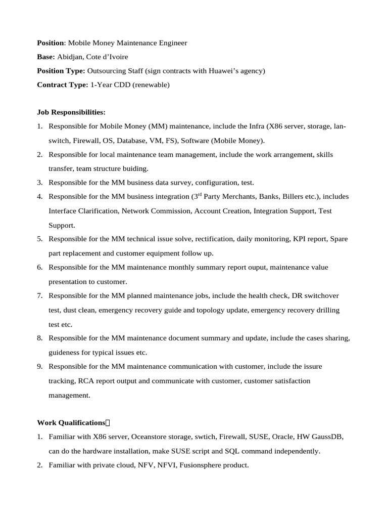 JD - Mobile Money Maintenance Engineer | PDF