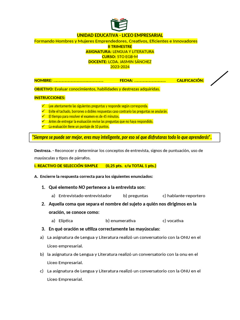 Examen de Lengua y Literatura 5to EGB | PDF | Verbo | Lingüística