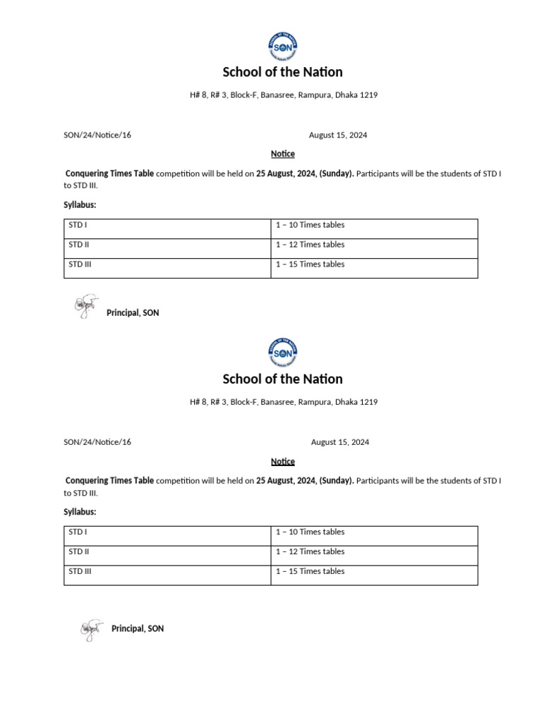 Times Table Competition Notice 2024 | PDF