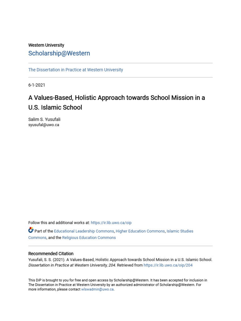 A Values-Based Holistic Approach Towards School Mission in A U.S (Base ...