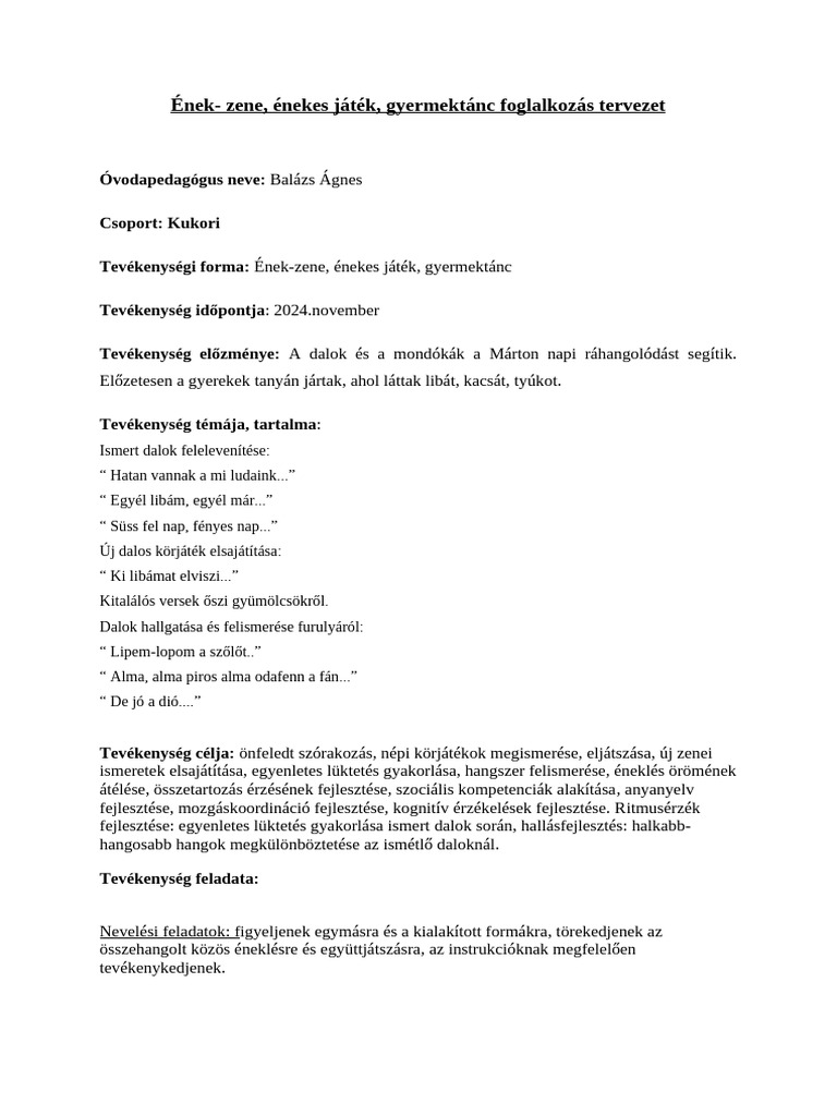 Ének-Zene, Énekes Játék - tervezetBalázsÁgnes | PDF