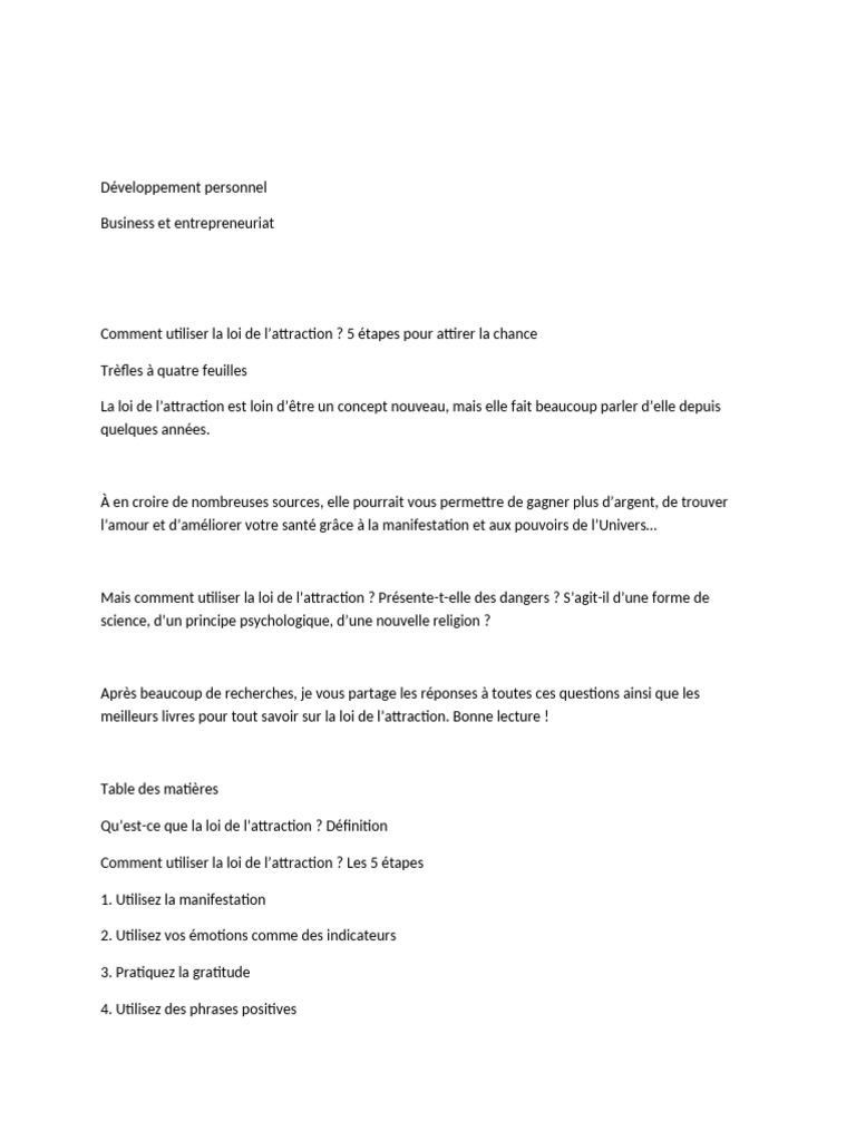 Utiliser la Loi de l'Attraction en 5 Étapes | PDF | Loi de l'attraction ...