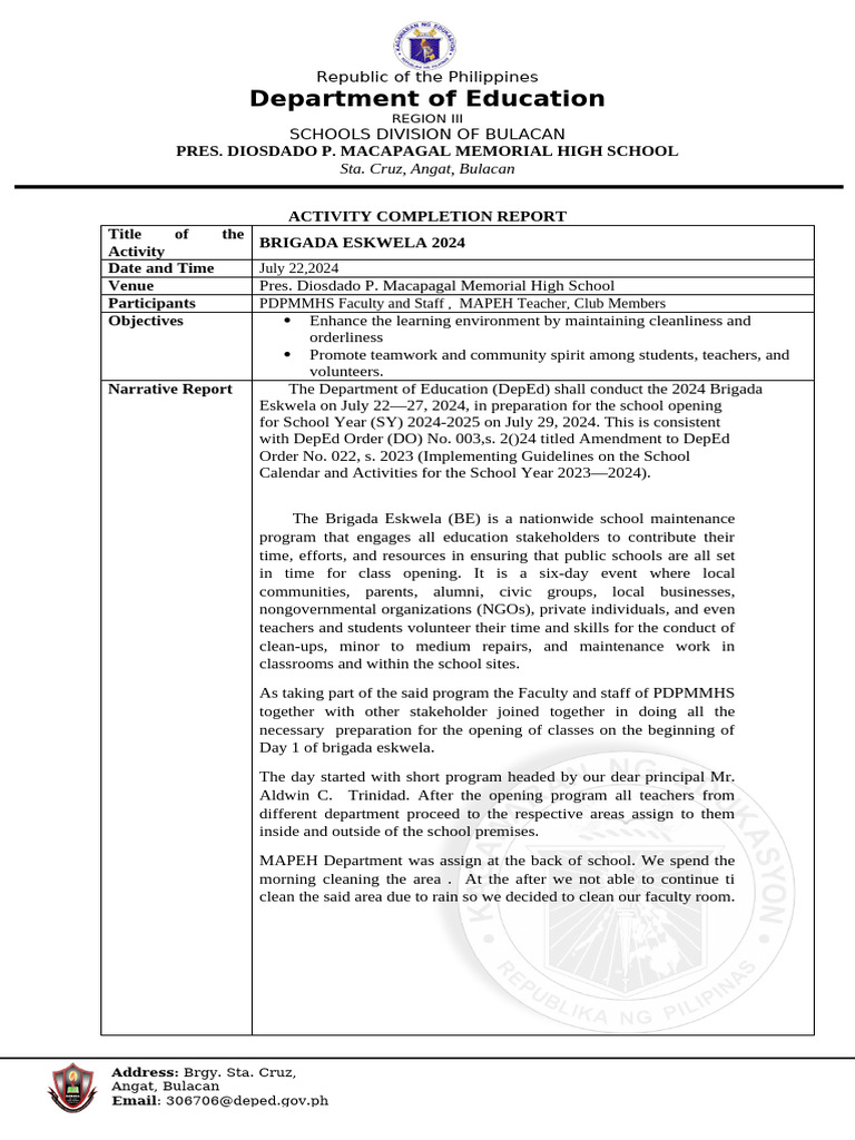 Brigada Eskwela 2024 Completion Report | PDF