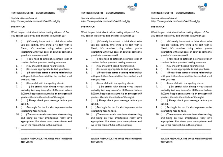 Texting Etiquette - EFL Video Activity | PDF | Etiquette | Social ...