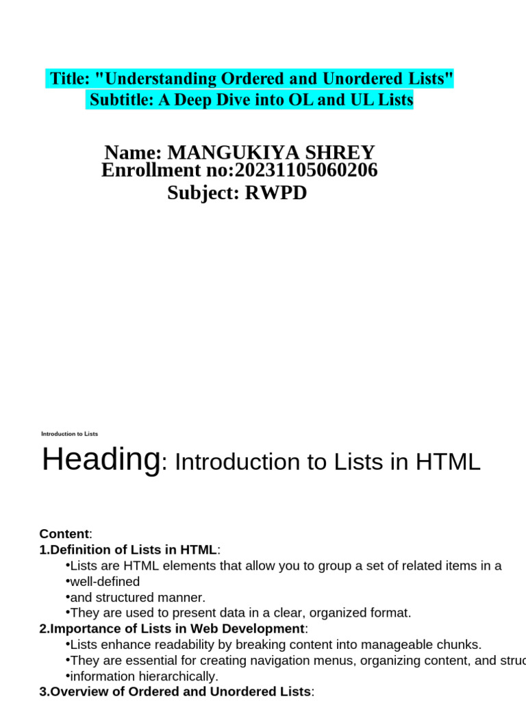 HTML Lists: Ordered & Unordered Guide | PDF | Html Element | Printer ...