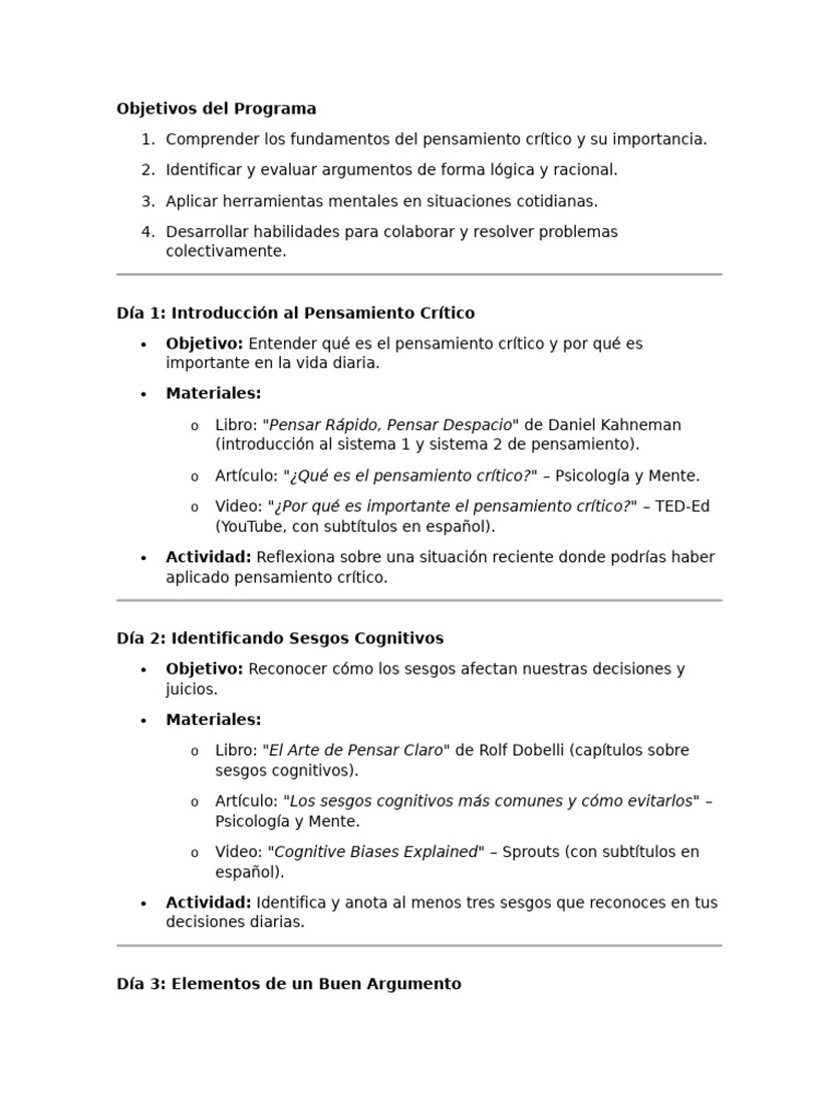 Programa de Pensamiento Crítico en 11 Días | PDF | Pensamiento ...