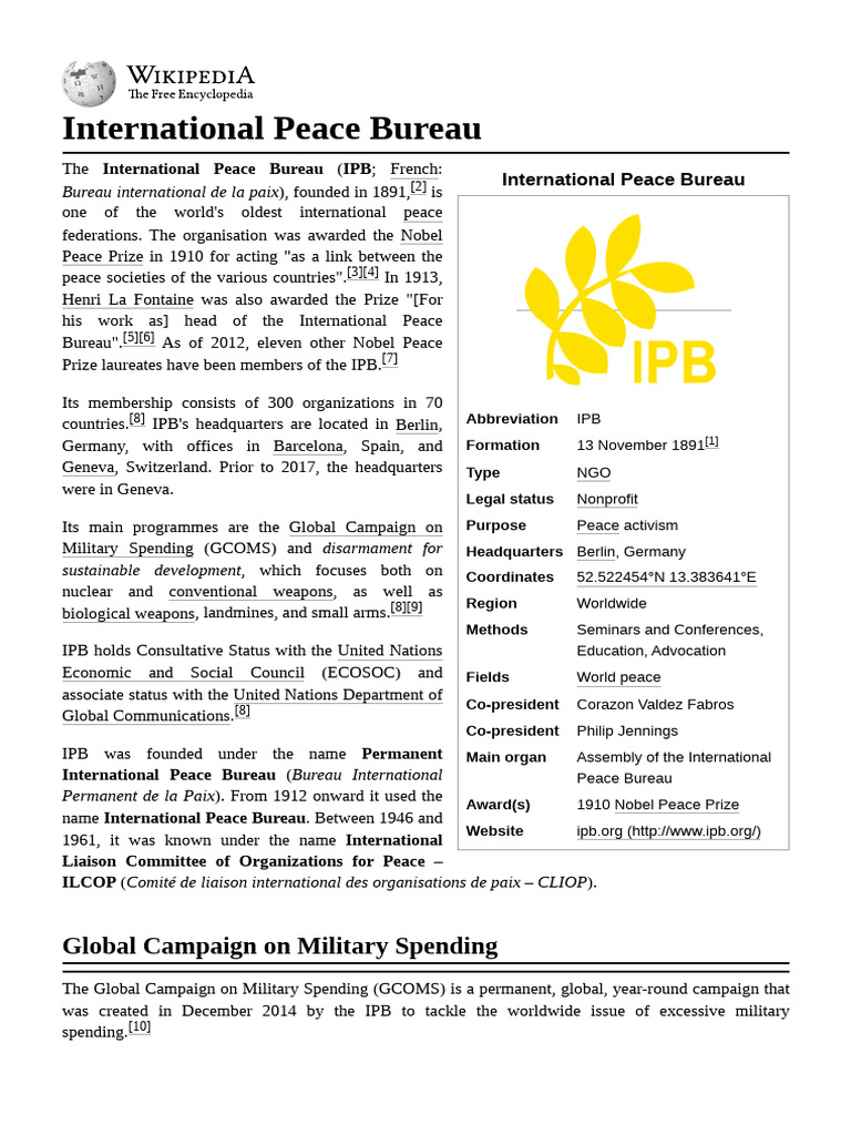 International Peace Bureau | PDF | Peace | International Security