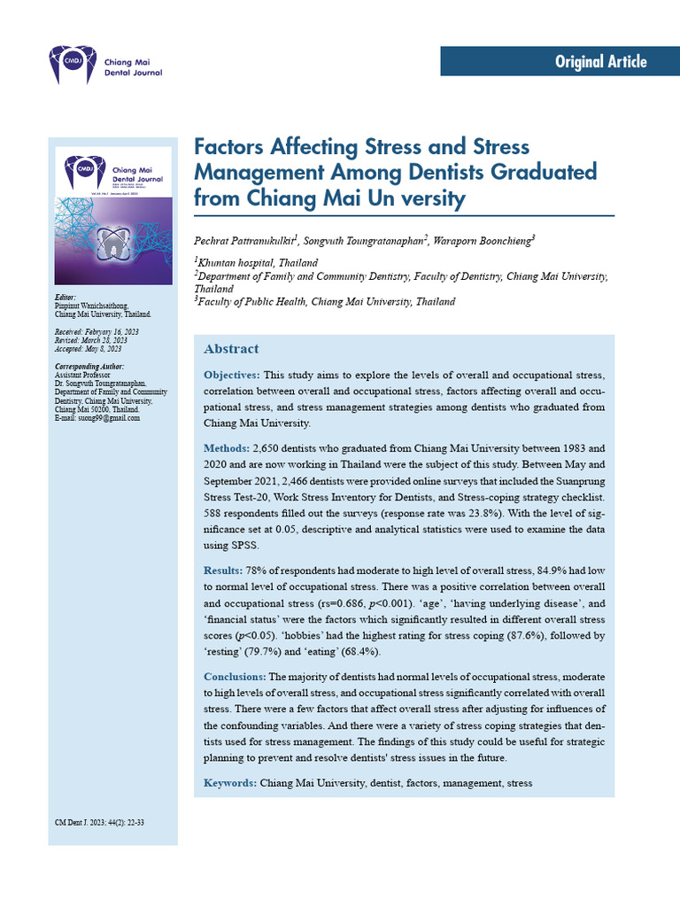 Factors Affecting Stress and Stress Management Among Dentists Graduated ...