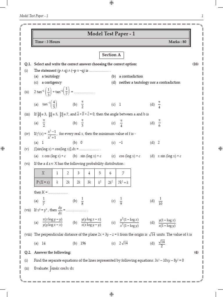 Model Test Paper 1 Time 3 Hours Marks 80 Pdf Equations