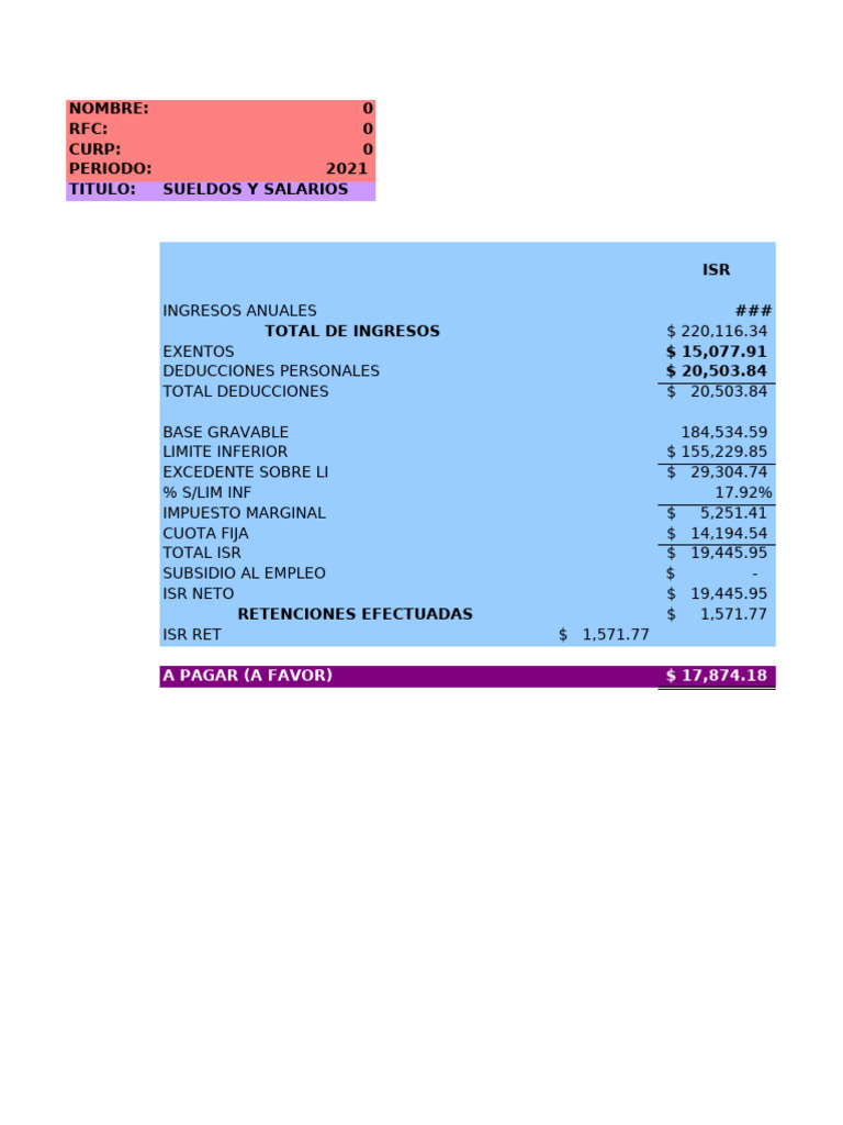 Cálculo de ISR y Deducciones 2021 | PDF | Impuesto sobre la renta ...