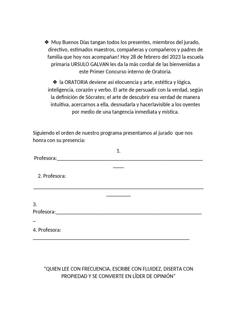 Concurso de Oratoria Escolar 2023 | PDF