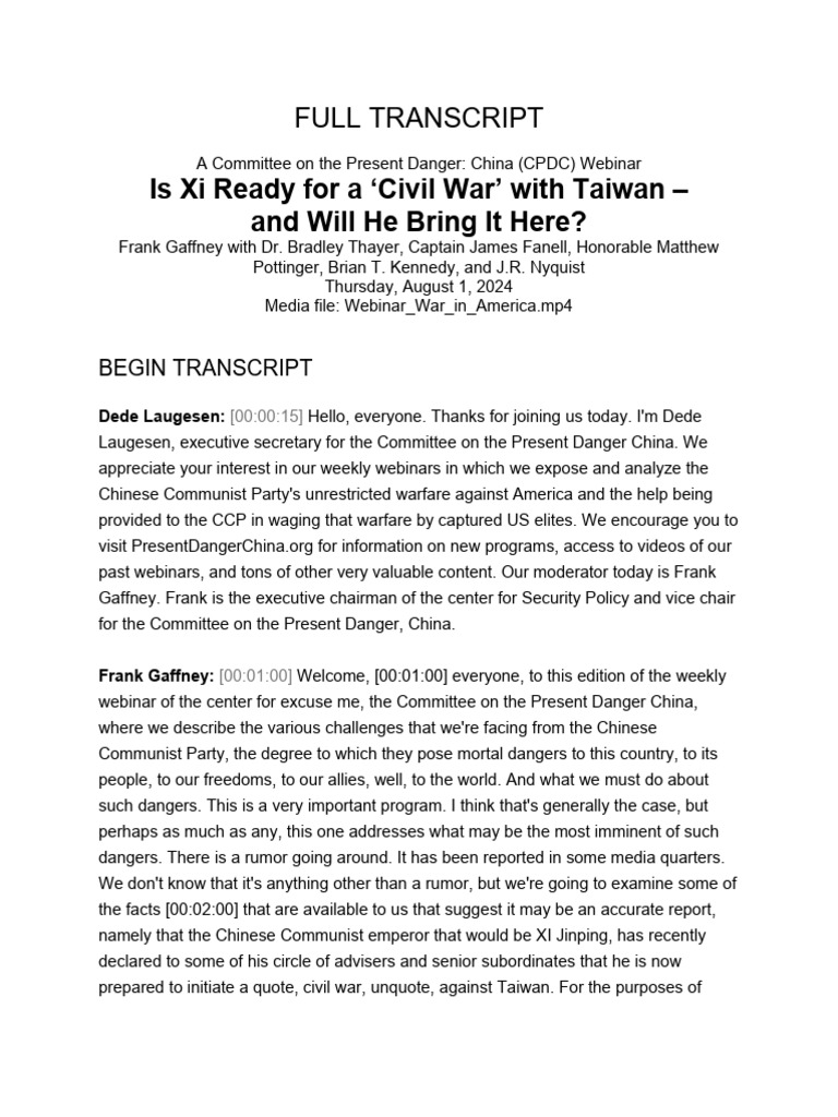 TRANSCRIPT Webinar War in America | PDF | Taiwan | Xi Jinping