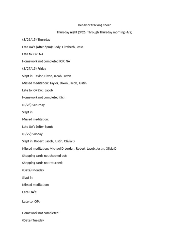 Behavior Tracking Sheet 3-26 | PDF