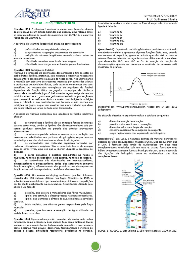 Questões de Bioquímica para ENEM | PDF | Fotossíntese | Respiração celular