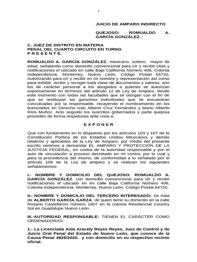Amparo Indirecto de Romualdo A. García | PDF | Queja | Caso de ley