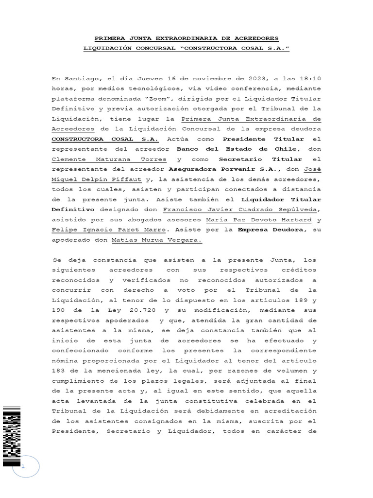 Primera Junta Extraordinaria BC | PDF | Daños y perjuicios | Liquidación