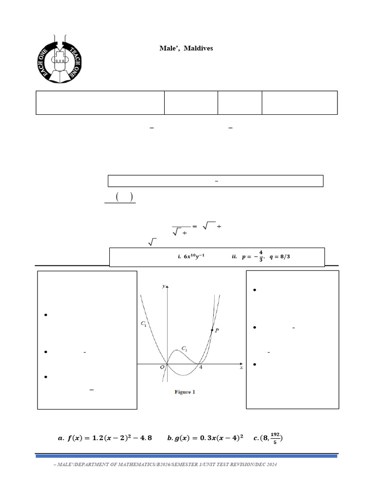 P1 Unit Test Revision Dec 2024 | PDF | Area | Equations